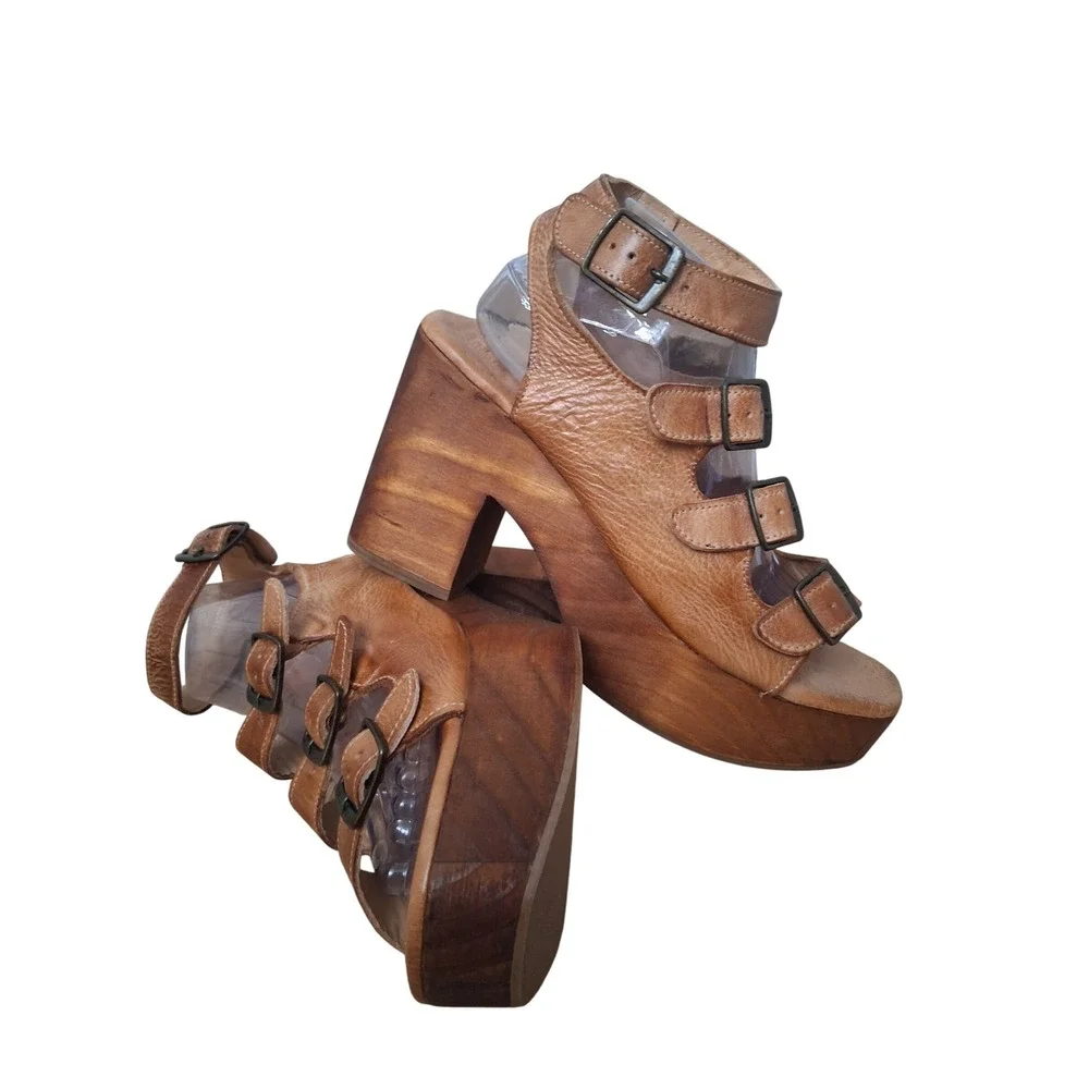Bed Stu Jordyn Womens size 10 Leather Strappy Wood Chunky Platform Block Heels‎